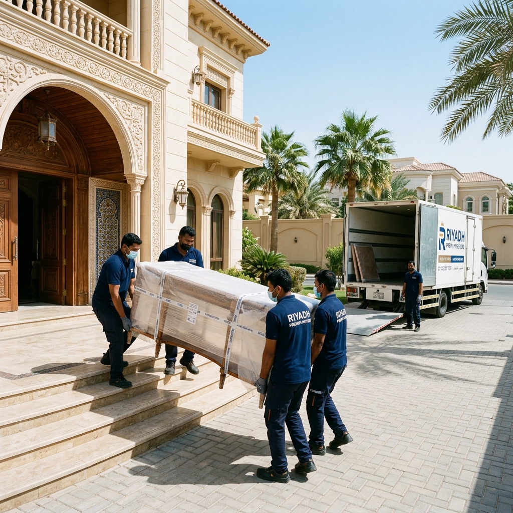 فيلا فخمة في الرياض، عمال ينقلون أثاث مغلف بعناية، سيارة نقل كبيرة، طقس مشمس.